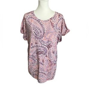 Cupio Women's Short Sleeve Paisley Tunic Hi Lo T Shirt Pink Multicolor Size XL